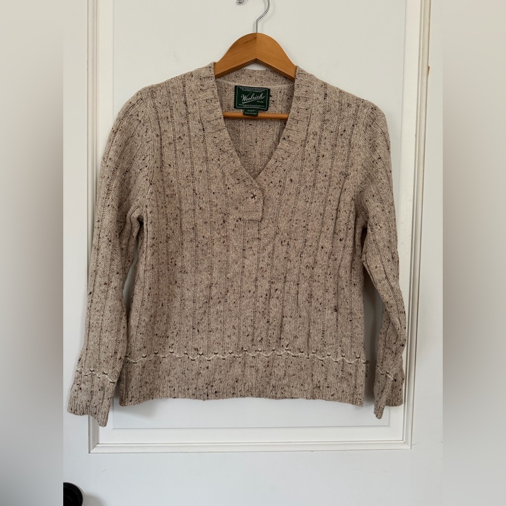 VTG Woolrich Marbled Rib Knit V-Neck Sweater Confetti Tweed - Petite Small wool